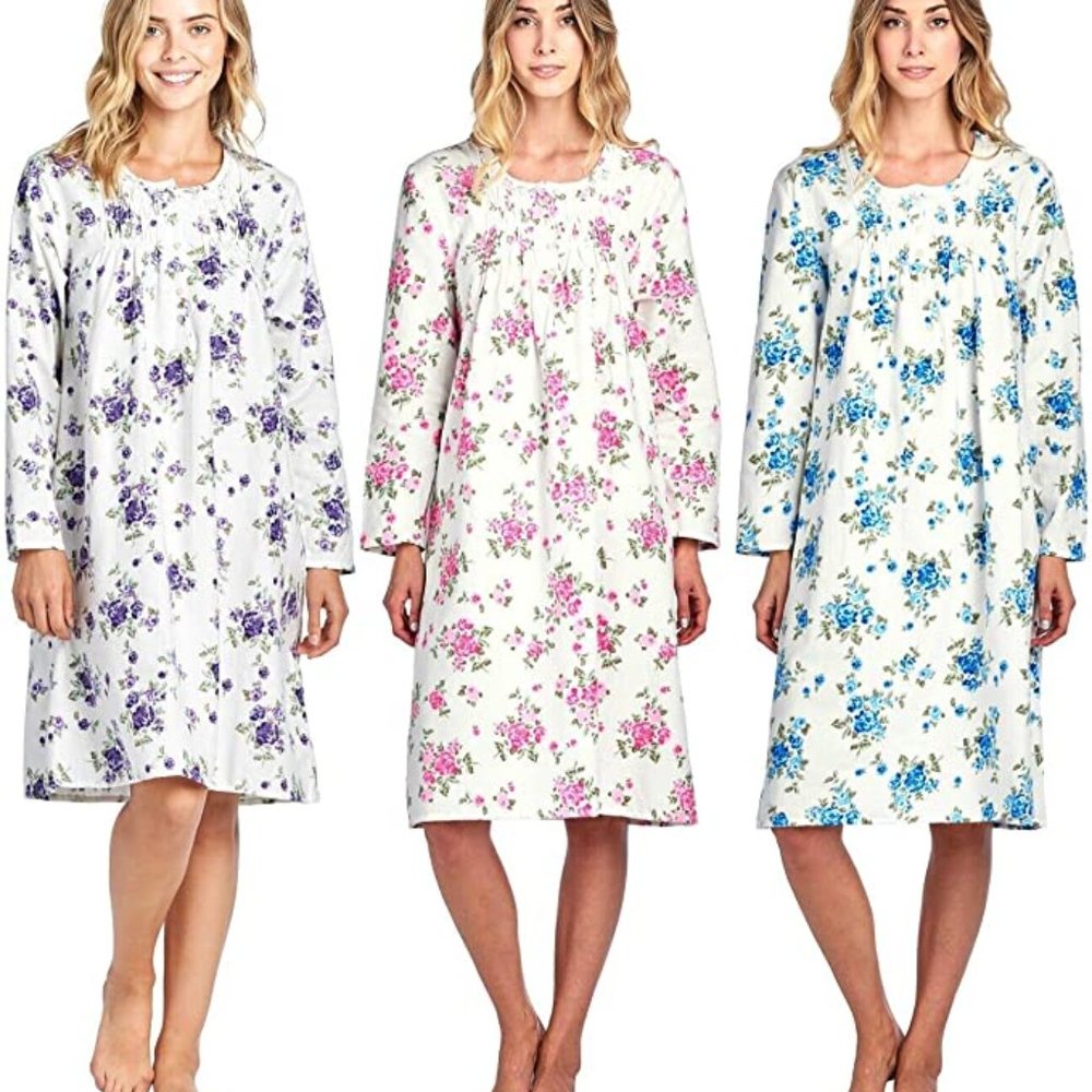 PrettyWoman 100% Cotton Women's Flannel Floral Long Sleeve Nightgown
